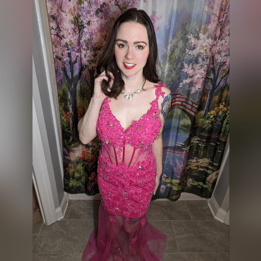 Jovani Hot Pink Beaded Sheer Prom Dress - Picture 4 of 7